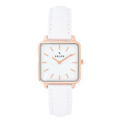 KRAEK Sofia Rosé Goud Wit 28 mm | Dames Horloge |  Wit leren horlogebandje | Vierkant | Minimaal Design