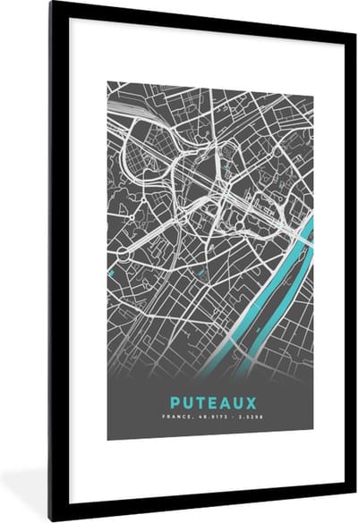 Fotolijst incl. Poster - Puteaux - Stadskaart - Kaart - Plattegrond - Frankrijk - 60x90 cm - Posterlijst