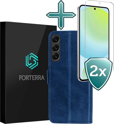 Hoesje Met 2x Screenprotector - Geschikt voor Samsung Galaxy S24 FE - Luxe Pasjeshouder - Flip Case - Bookcase Portemonee - Kunstleer Book Case - Flipcase Hoes - Book Cover - Walletcase - Portemonneehoes - Donkerblauw