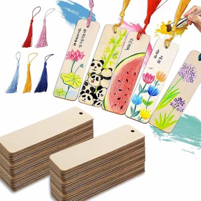 Houten Boekenleggers in Rectangulaire Vorm, 100 Stuks, 50 Lege Boekenleggers met 50 Kleurrijke Kwastjes voor Creatieve DIY Projecten en Handgemaakte Boekenleggers