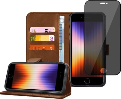 Geschikt voor iPhone SE 2022 Book Case Hoesje - Privacy Screenprotector - Flip Portemonnee Bruin met Privé Gehard Glas Cover