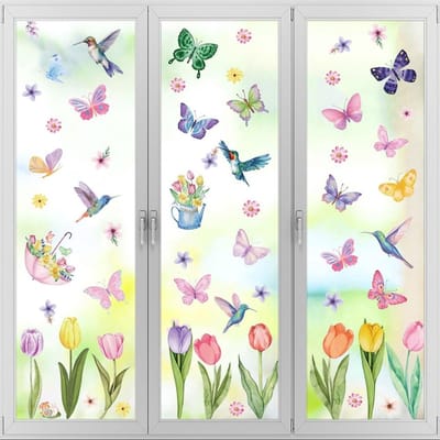 Bloemrijke raamstickers voor de kinderkamer - Lente decoratie met tulpen en vlinders, glasdecoratie stickers voor een vrolijke uitstraling
