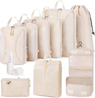 Famanu – Comprimeerbare blokken voor in je bagage - 10-delige set met koffer-organizer - tassen voor op reis - bagage-organizer - verpakkingstassen voor op reis - cruise - vakantiebenodigdheden - beige