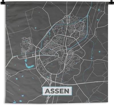 Wandkleed - Wanddoek - Plattegrond - Assen - Grijs - Blauw - 150x150 cm - Wandtapijt - Stadskaart