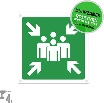 Pictogram/ bord Dibond + boorgaten | Verzamelplaats evacuatie | 20 x 20 cm | Witte rand | Noodgeval | Roestvrij | Calamiteit | 1 stuk