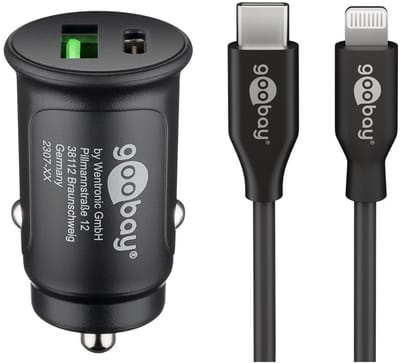 Goobay autolader met 1x USB-A QC en 1x USB-C PD en losse Lightning kabel | 27W