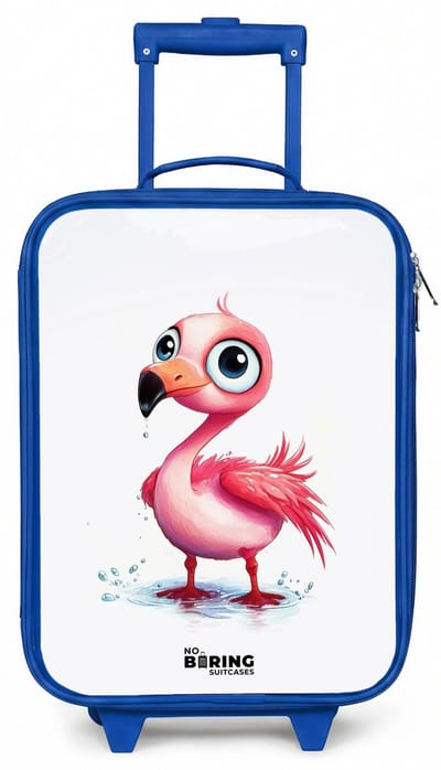 NoBoringSuitcases.com® - Kinderkoffer blauw - Kindertrolley jongen - Roze flamingo in het water - Koffer kind lichtgewicht - Reiskoffer trolley voor kinderen - Koffertje met lichtgevende wieltjes - Rolkoffer