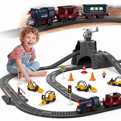 Woopie Elektrische Treinspoor Retro Treinlocomotief + 2 Wagons – 76-delige Set