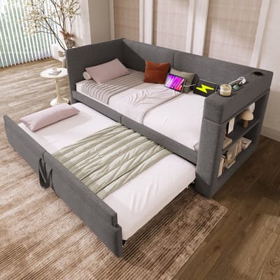 MEUNIQ slaapbank daybed 90x200 cm met uitschuifbed, USB en Type-C, 2 bekerhouders en open opbergvakken, gestoffeerd in grijs, zonder matras