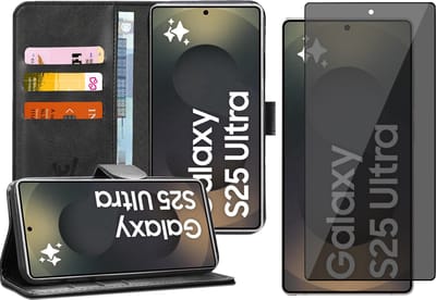 Hoesje geschikt voor Samsung Galaxy S25 Ultra - Privacy Screenprotector Volledig Dekkend Glas - Portemonnee Book Case Zwart