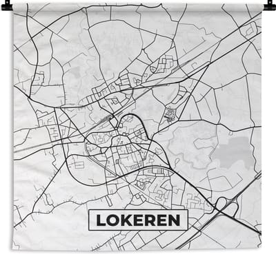 Wandkleed - Wanddoek - België – Lokeren – Stadskaart – Kaart – Zwart Wit – Plattegrond - 180x180 cm - Wandtapijt