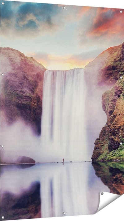 Gards Tuinposter Waterval met een Weerspiegeling in het Water - 100x150 cm - Tuindoek - Tuindecoratie - Wanddecoratie buiten - Tuinschilderij