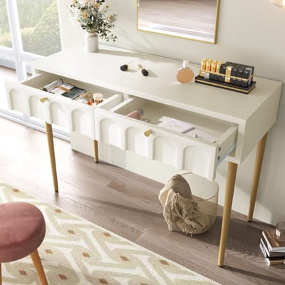 Kaptafel met 2 laden - 100x45x76,5 cm - hoge kast - bijzetkast - ladekast - dressoir voor slaapkamer - crèmewit