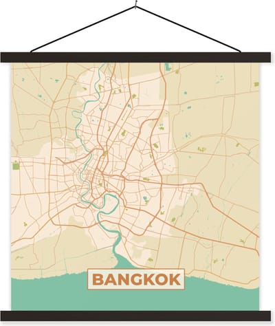 Posterhanger incl. Poster 60x60 cm - Schoolplaat - Bangkok - Kaart - Plattegrond- Vintage - Stadskaart - Textielposter - Zwarte latten - Stadskaart