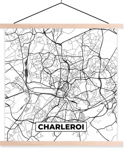 Posterhanger incl. Poster 40x40 cm - Schoolplaat - Stadskaart – Plattegrond – België – Zwart Wit – Charleroi – Kaart - Textielposter - Blanke latten - Stadskaart