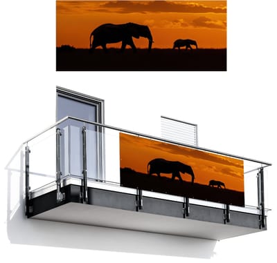 Balkonscherm 300x120 cm - Balkonposter Olifanten - Savanne - Zonsondergang - Balkon scherm decoratie - Balkonschermen - Balkondoek zonnescherm