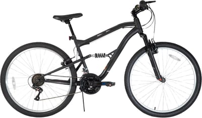 Mountainbike – Voor heren – Volledig geveerd, 18 versnellingen, V-rem, schokabsorberende voorvork – 66 cm wielen, zwart, beperkte garantie