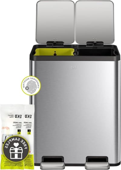 Prullenbak voor in de keuken met twee compartimenten 30 l + 30 l (softclose), geborstelde roestvrijstalen afwerking