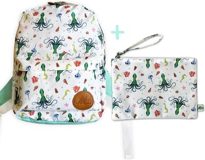 World of Mies kinderrugzak + etui Octopus - Duurzame schooltas en schooletui van gerecyclede PET flessen - Voor peuter kleuter onderbouw - Uniek design handgeschilderd door Mies