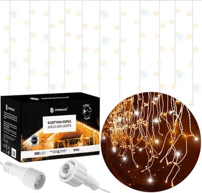 Springos IJspegel Verlichting | 12 m + 2.5 m Snoer | 300 LED | Warm Wit+ koel wit flits | Koppelbaar | Flits