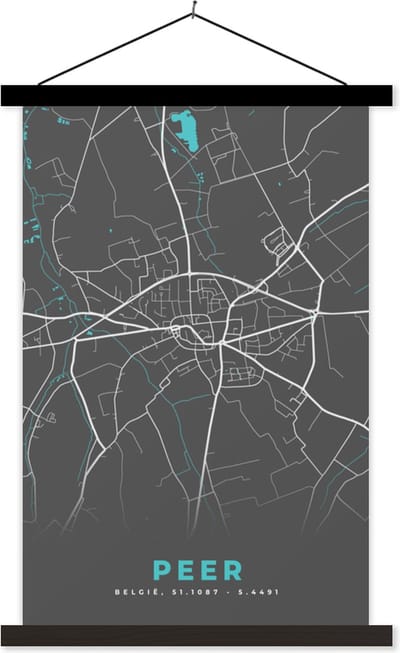 Posterhanger incl. Poster 40x60 cm - Schoolplaat - Plattegrond – Peer – Blauw – Stadskaart - Kaart - België - Textielposter - Zwarte latten - Stadskaart