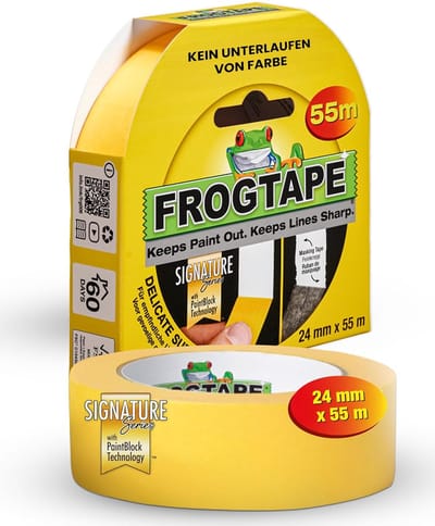 Frogtape Delicate Surface - Afplaktape / Schilderstape - Geel 24 mm x 55 m voor strakke lijnen zonder verfdoorloop - Geschikt voor alle verftypes binnen en buiten op ruwe of vochtige oppervlakken - Stevige papieren professionele kwaliteit