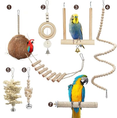 Vogel Speelgoed Set - Vogelkooi Accessoires - Vogels Trainen - Natuurlijke Materialen - 7 Delig - Abrikoos