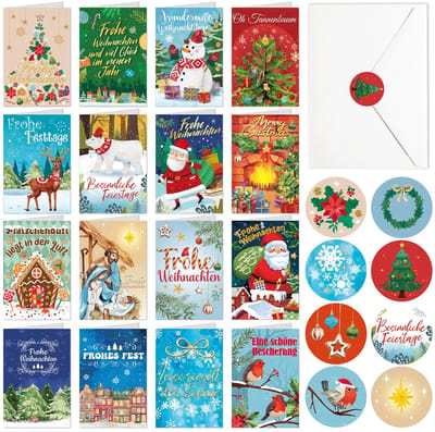 Dailygoods- Kerstkaarten Set - 16 Vrolijke Wenskaarten - Blanco met Envelop - Vouwkaarten - Kerstkribbe - Envelopstickers
