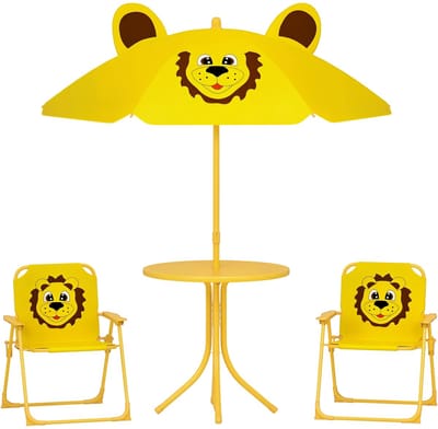4-delige Kinder Tuinset – Kinderset met Parasol & Opvouwbare Stoelen – Geel