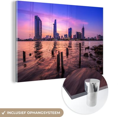 ® Glasschilderij 180x120 cm - Schilderij acrylglas - Skyline van Ho Chi Minhstad in Vietnam - Foto op glas - Muurdecoratie woonkamer - Wanddecoratie slaapkamer - Schilderijen