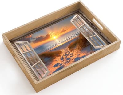 Dienblad hout 40x30 cm - Schootdienblad - Doorkijk - Strand - Duinen - Zonsondergang - Borrelplank rechthoek - Plateau dienbladen