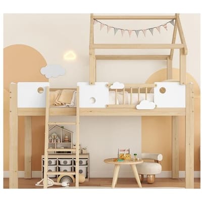 ModernLuxe Hoogbed 90×200 cm - met huisvormig design en hekwerk - trap met 3 treden - massief hout + MDF - naturel