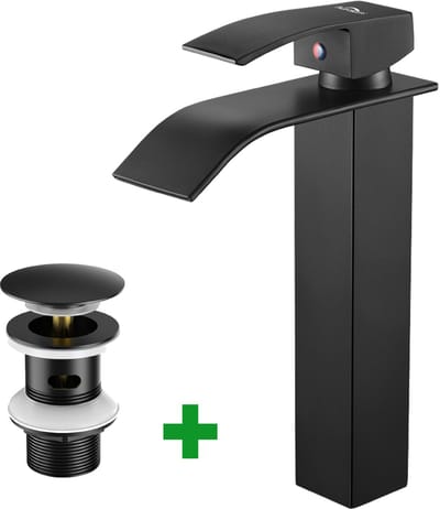 Auralum Max Wastafelkraan - Zwart Badkamer Kraan - Mit Pop-up Afvoerventiel - Waterfall Wastafelkraan - Watervalkraan Badkamerkraan - Waterbesparend - Zwarte