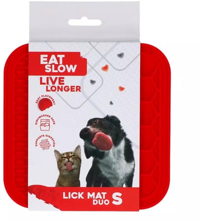 Eat Slow Live Longer Duo Likmat - 15 x 15 cm - Vierkant - Snuffelmat - Anti-schrok Mat - Slowfeeder Honden en Katten - 100% Siliconen - Vaatwasserbestendig - Maat S - Voerpuzzel Kat - Rood