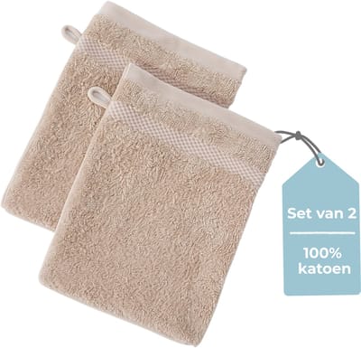 HUSH Living - Washand 100% katoen - set van 2 - zware kwaliteit 500g/m2 - stijlvol boord en ophanglus- 16x22cm - zand