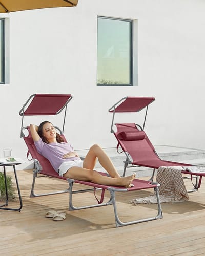 Jessi Store - Ligbed - Ligstoel - Ligstoel tuin - Zonnebed opvouwbaar - Verstelbaar - Met zonnescherm - 193x53x29 cm - Rood