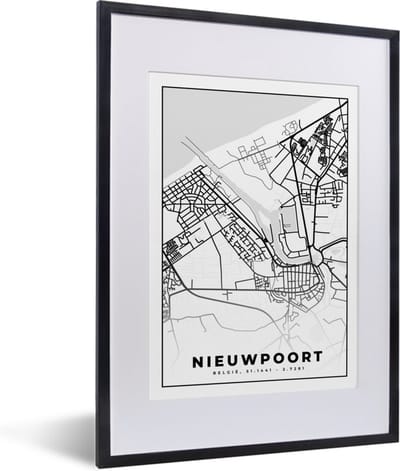 Fotolijst incl. Poster Zwart Wit- Plattegrond – Nieuwpoort – Zwart Wit – Stadskaart - Kaart - België - 30x40 cm - Posterlijst