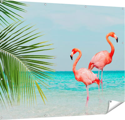 Gards Tuinposter Twee Flamingo's in het Water - 150x120 cm - Tuindoek - Tuindecoratie - Wanddecoratie buiten - Tuinschilderij
