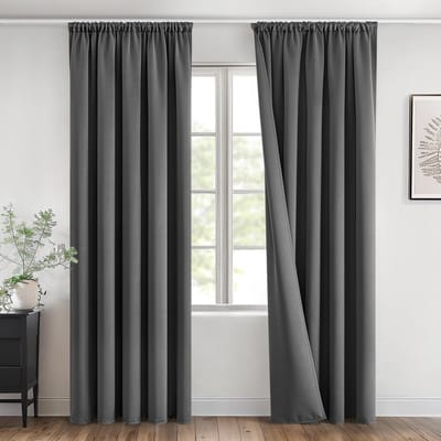 Verduisteringsgordijnen met plooiband, grijze, ondoorzichtige gordijnen, set van 2 stuks, 140 x 280 cm, moderne, woonkamer- en slaapkamer gordijnen