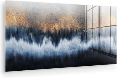 MuchoWow® Glasschilderij 120x60 cm - Schilderij acrylglas - Abstract - Goud - Luxe - Blauw - Foto op glas - Muurdecoratie woonkamer - Wanddecoratie slaapkamer - Schilderijen
