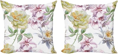 ABAKUHAUS Decoratieve kussenhoezen met bloemenprint, 2 stuks, rozenblaadjes, sakura-lelie, 40x40 cm, varen groen lichtroze