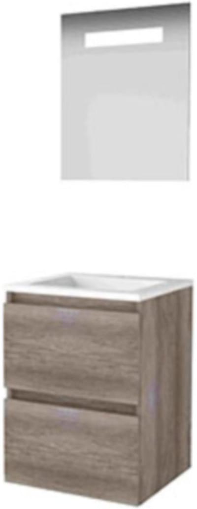 Basic-Line Premium 46 Badkamermeubelset - 50 x 46 cm - Greeploos - 2 Lades - Acryl Wastafel - 1 Kraangat - Spiegelkast met LED Verlichting - Scotch Oak