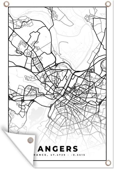 Muurdecoratie Stadskaart - Angers - Plattegrond - Kaart - Frankrijk - Zwart wit - 120x180 cm - Tuinposter - Tuindoek