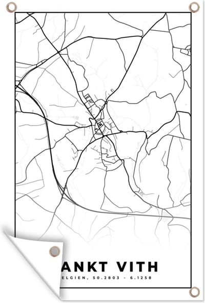 Muurdecoratie Zwart Wit – België – Plattegrond – Stadskaart – Kaart – Sankt Vith - 120x180 cm - Tuinposter - Tuindoek