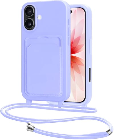 Hoes Geschikt voor iPhone 17 Hoesje Pasjeshouder Cover Met Koord Case Siliconen Hoes Met Telefoonkoord en Kaarthouder - Lila