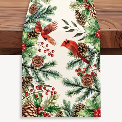 Kerst Tafelkleed met Rode Kardinaal, 30x183cm, Winterdecoratie voor Eettafel met Dennenappels en Bessen, Feestelijke Tafelrunner voor Thuis en Keuken