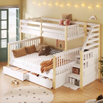 Stapelbed - bovenste laag 90x200 cm - onderste laag 140x200 cm - met lade - met opbergruimte - zonder matras - wit en houtkleur