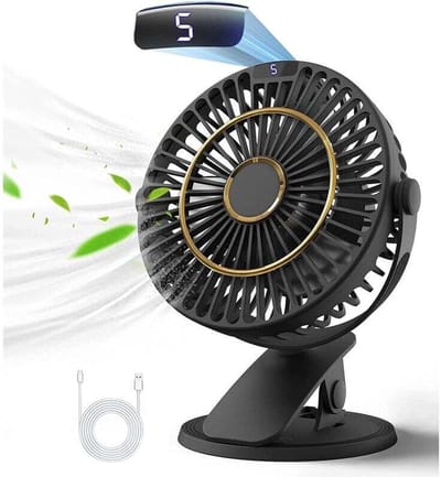 fan-Oplaadbare bureauventilator, mini-USB-ventilator met LCD-display, 5 windsnelheden, 720° draaibaar, draagbaar, stille ventilator, geschikt voor kantoor/thuis/camping, wordt geleverd met een 1,2 meter lang netsnoer - zwart.