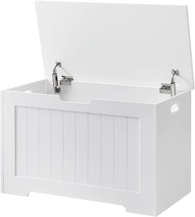 Opbergpoef, 40 x 76 x 48 cm, Wit, Stoffen en Metalen Frame, Met Veiligheidsscharnier en Zijhandvat, Opklapbaar Verborgen Opbergvak, Maximaal Draagvermogen 136 kg, Stijlvol Modern Minimalistisch, Geschikt voor Gang, Woonkamer en Slaapkamer.