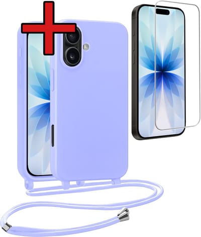 Hoesje Geschikt voor iPhone 17 Hoesje Siliconen Case Met Koord Met Screenprotector - Hoes Geschikt voor iPhone 17 Hoesje Backcover Met Telefoonkoord - Lila